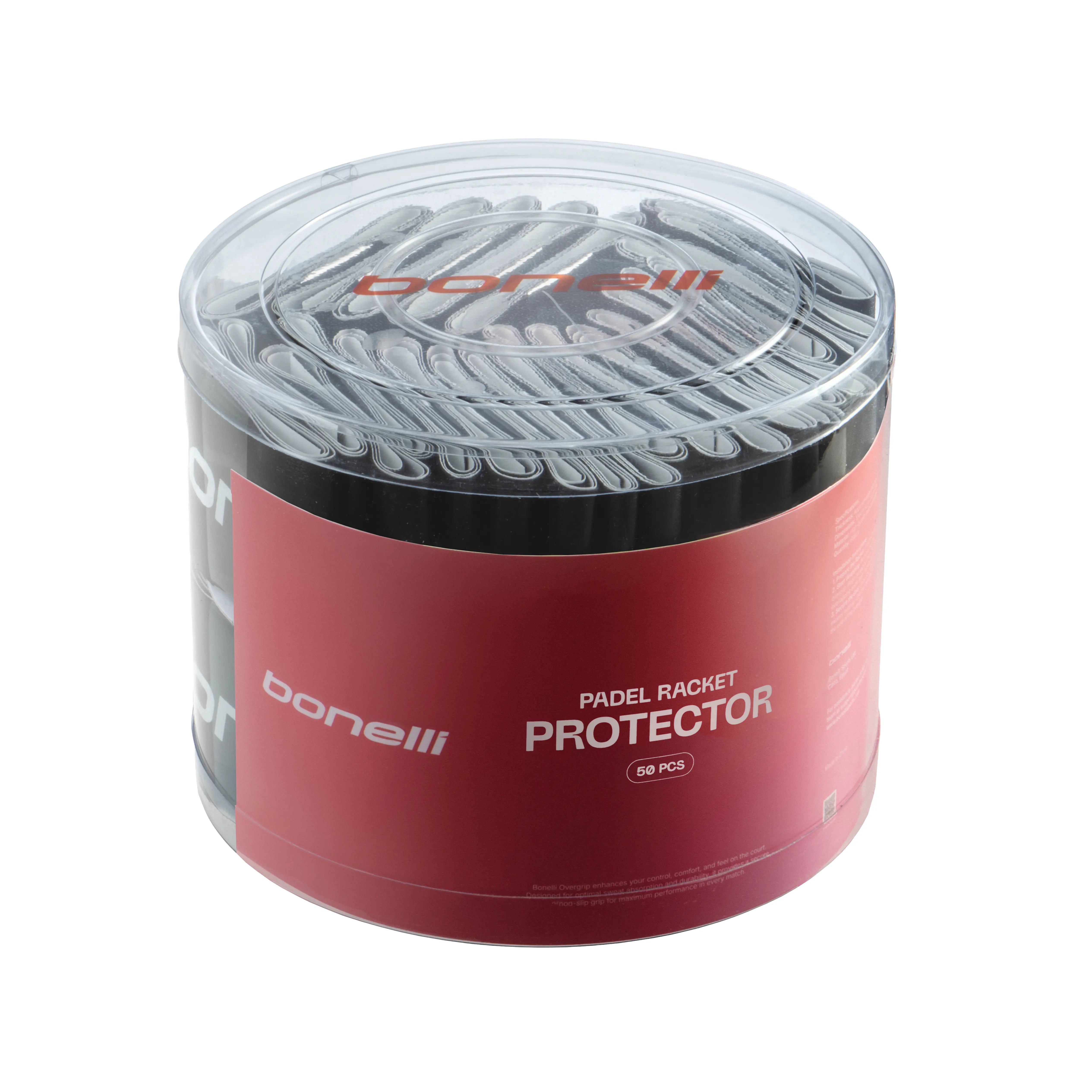 Bonelli Padel Racket Protector packaging with clear lid showing racket protectors inside on a white background.